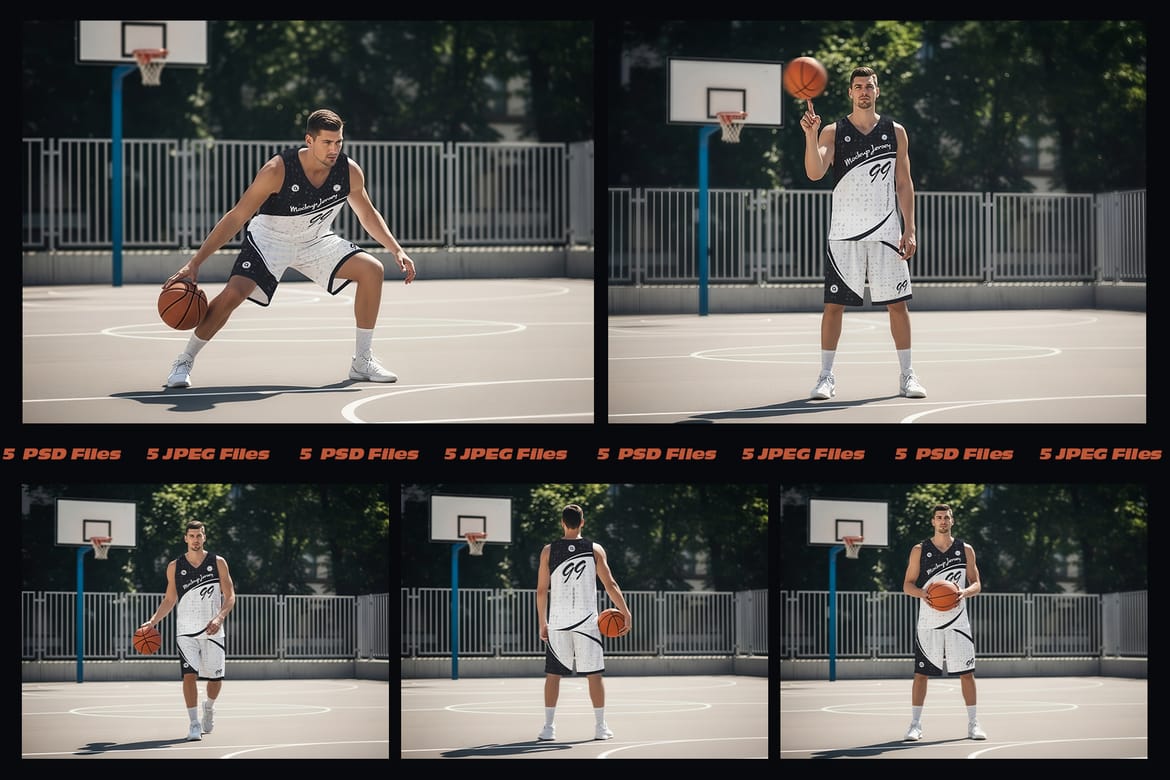  5 Basketball Uniform Mockups on a European Male on an Outdoor Court