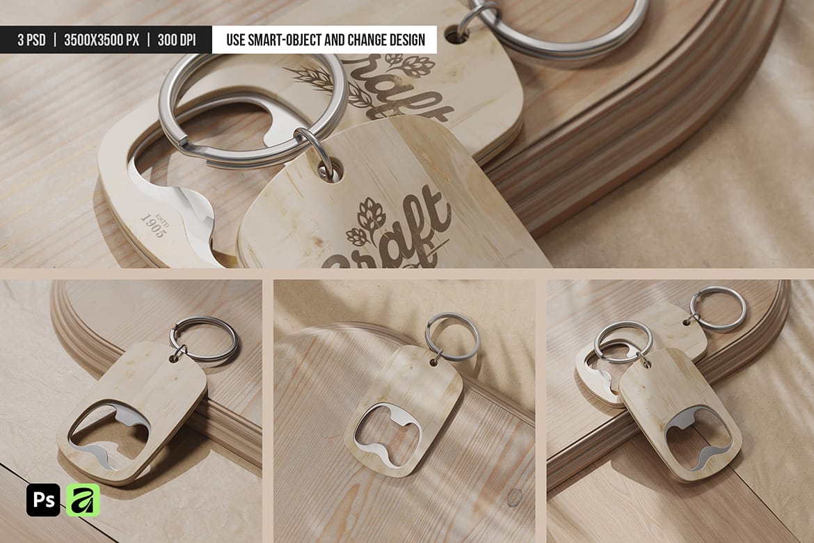 Wooden Keychain Bottle Opener Mockup
