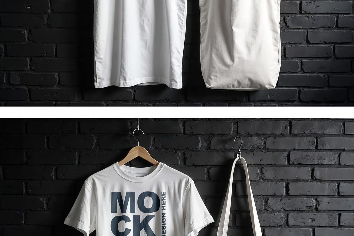 Realistic White T-Shirt and Tote Bag Mockup on a Black Brick Wall