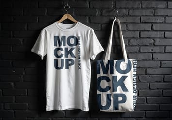 Realistic White T-Shirt and Tote Bag Mockup on a Black Brick Wall