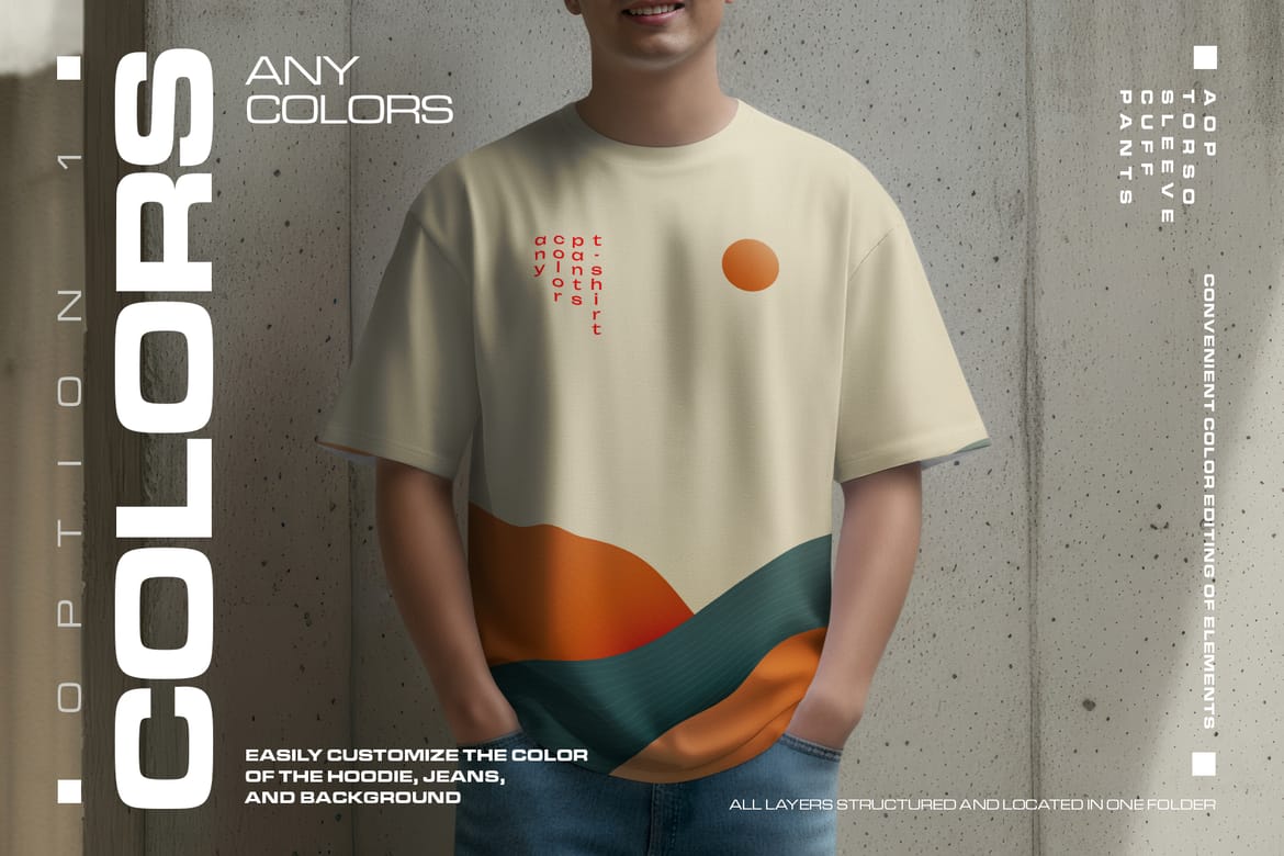5 Oversized T-Shirt Mockups on Asian Man. Urban Series #1. Generated AI