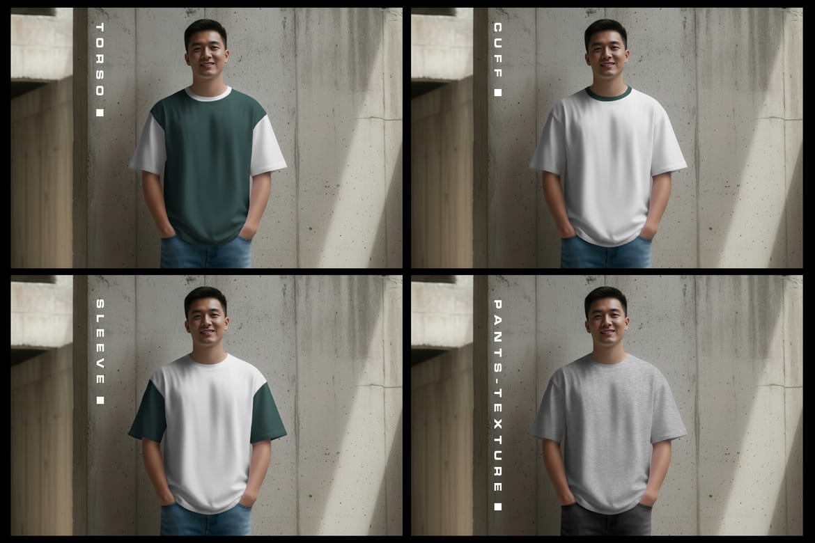 5 Oversized T-Shirt Mockups on Asian Man. Urban Series #1. Generated AI