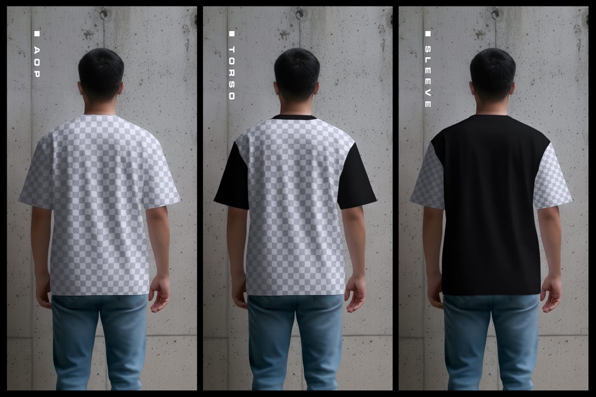 5 Oversized T-Shirt Mockups on Asian Man. Urban Series #1. Generated AI