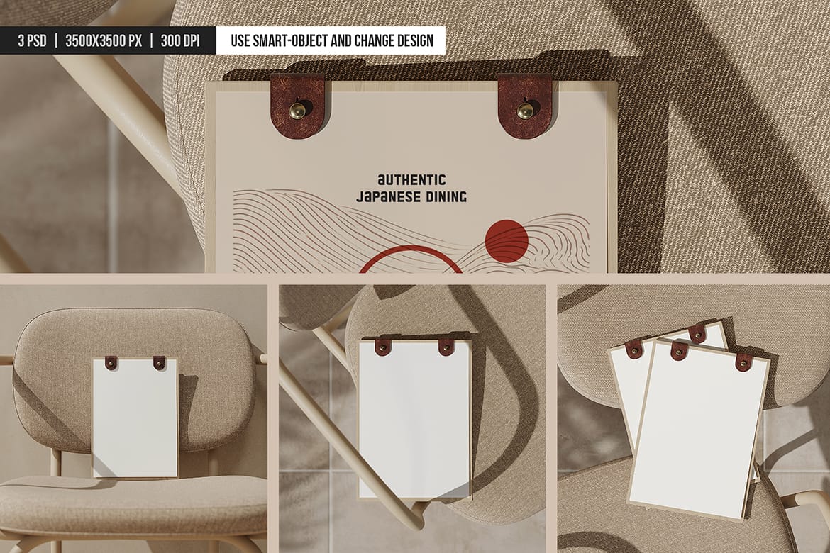 Menu Holder with Leather Clasps Mockup