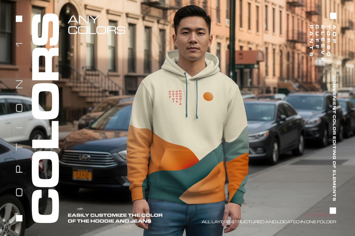 6  Urban Streetwear Hoodie Mockup on Asian Man. Generated AI 