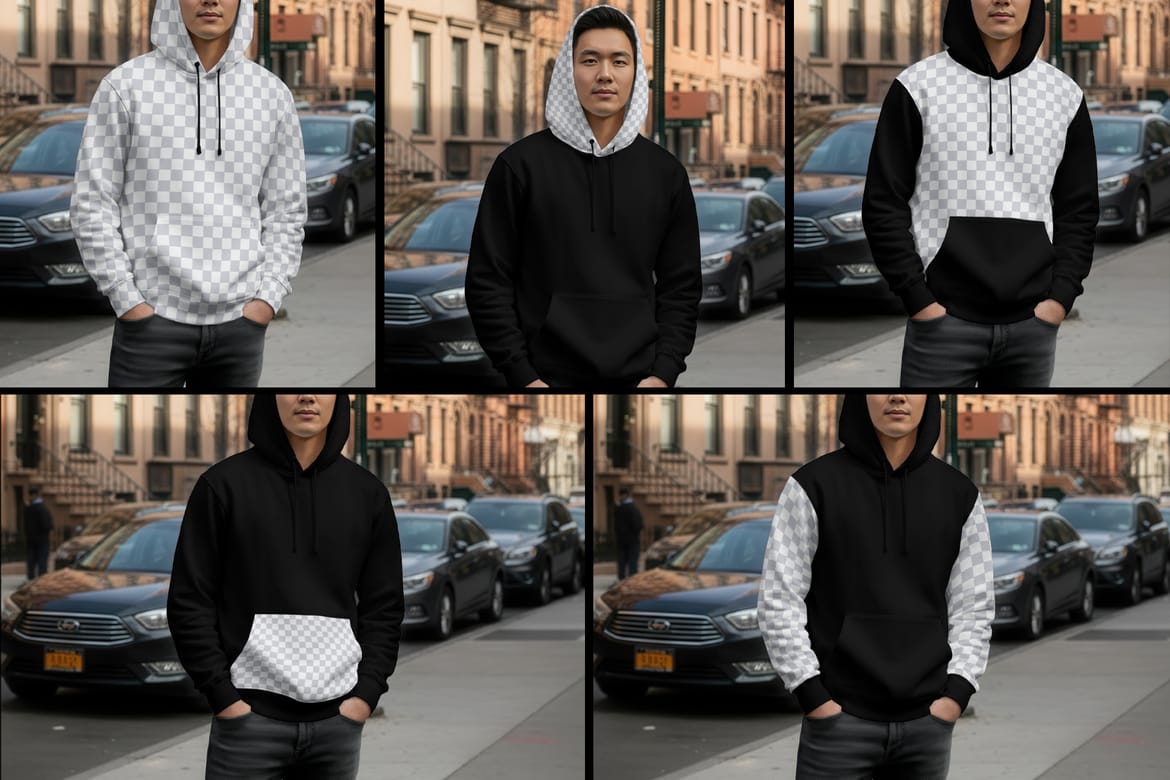 6  Urban Streetwear Hoodie Mockup on Asian Man. Generated AI 