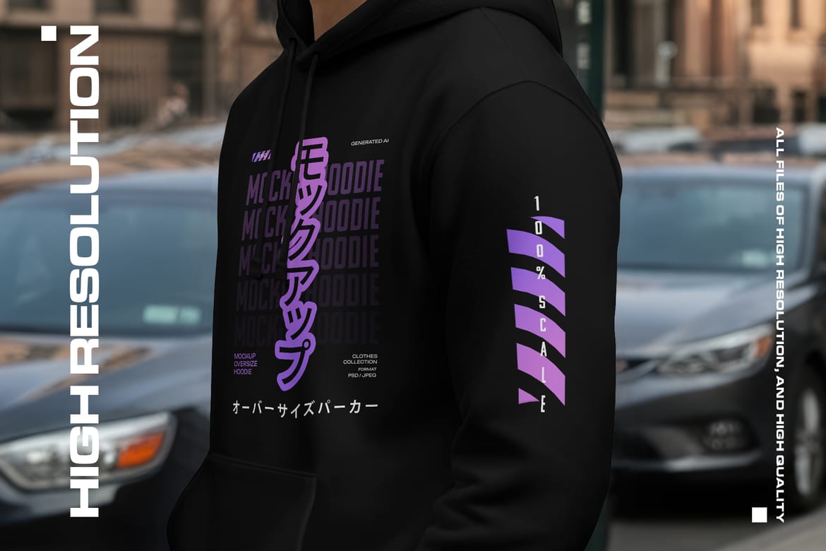 6  Urban Streetwear Hoodie Mockup on Asian Man. Generated AI 