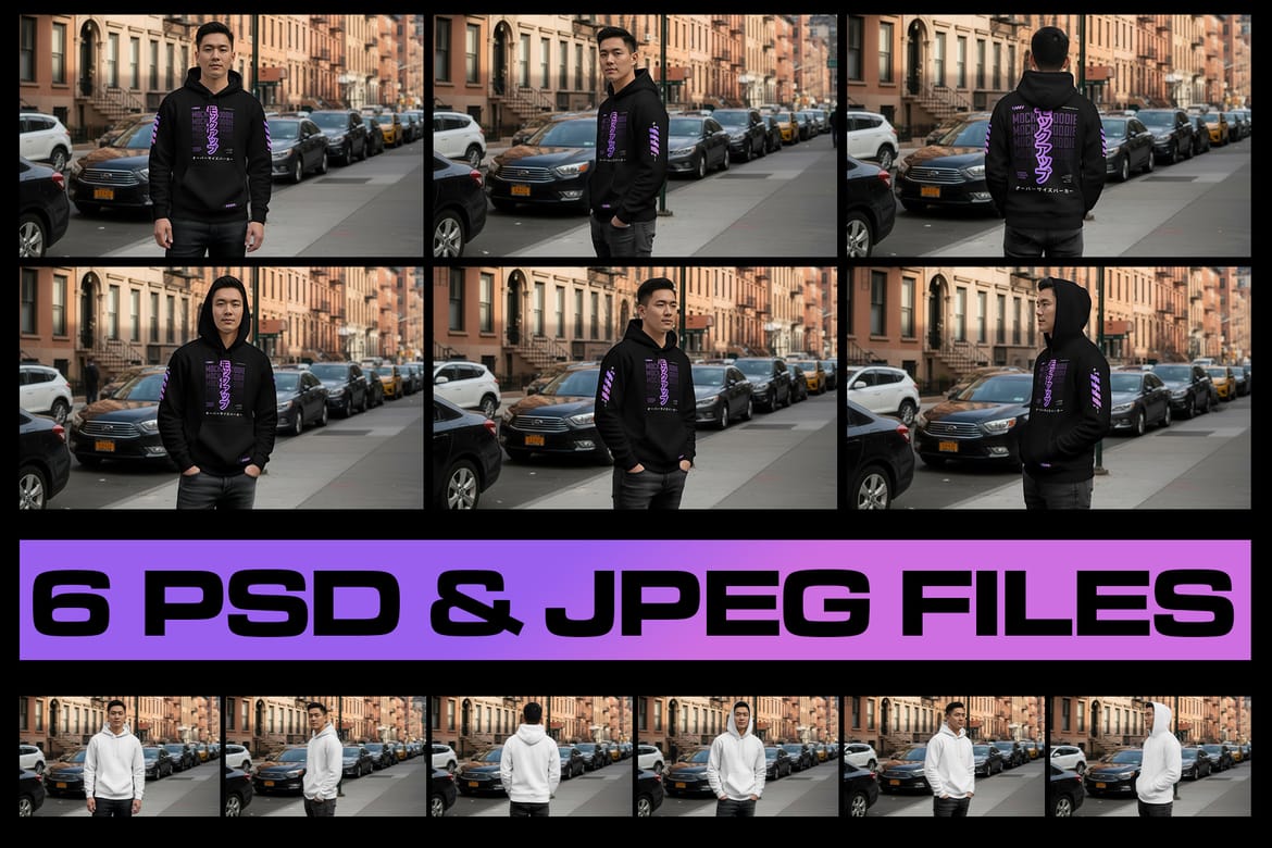 6  Urban Streetwear Hoodie Mockup on Asian Man. Generated AI 