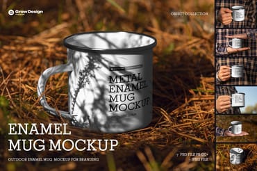  7 Mockups of Enamel Metal Mug in the Hand Man On The Outdoor