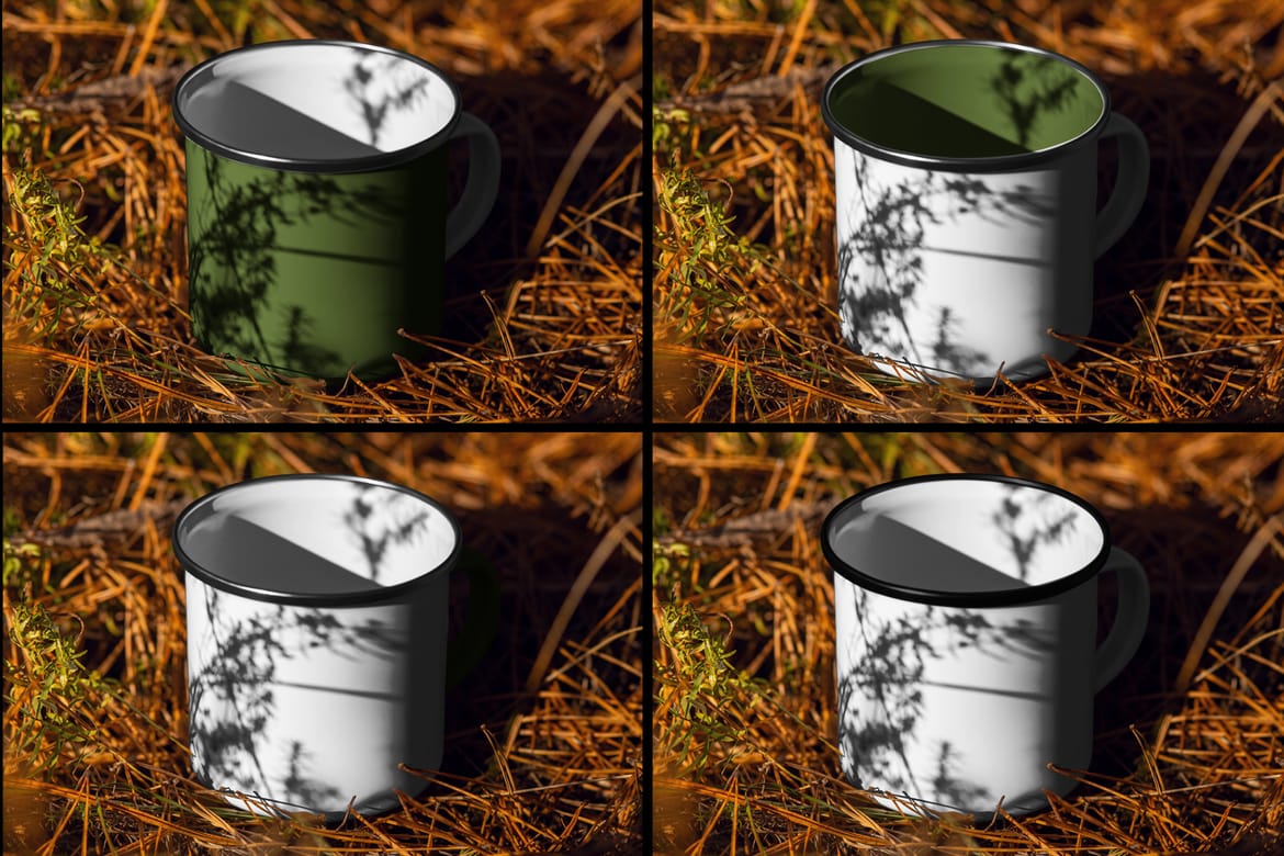  7 Mockups of Enamel Metal Mug in the Hand Man On The Outdoor