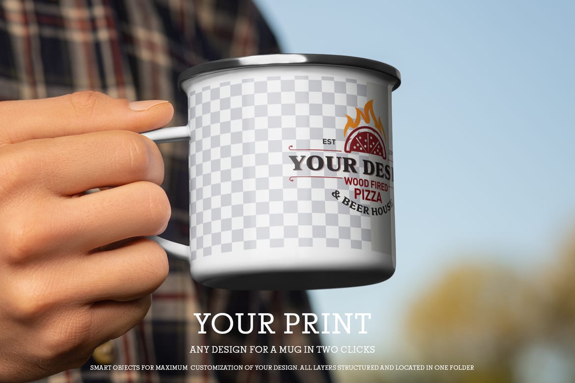  7 Mockups of Enamel Metal Mug in the Hand Man On The Outdoor