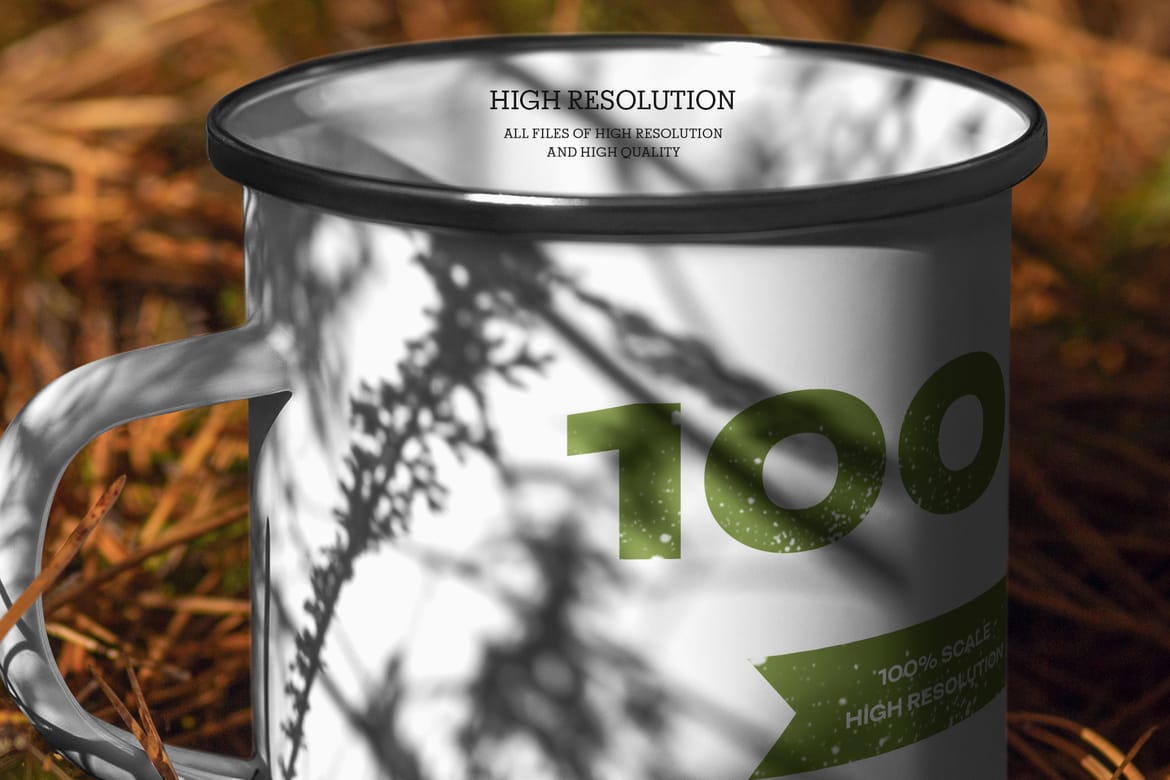  7 Mockups of Enamel Metal Mug in the Hand Man On The Outdoor