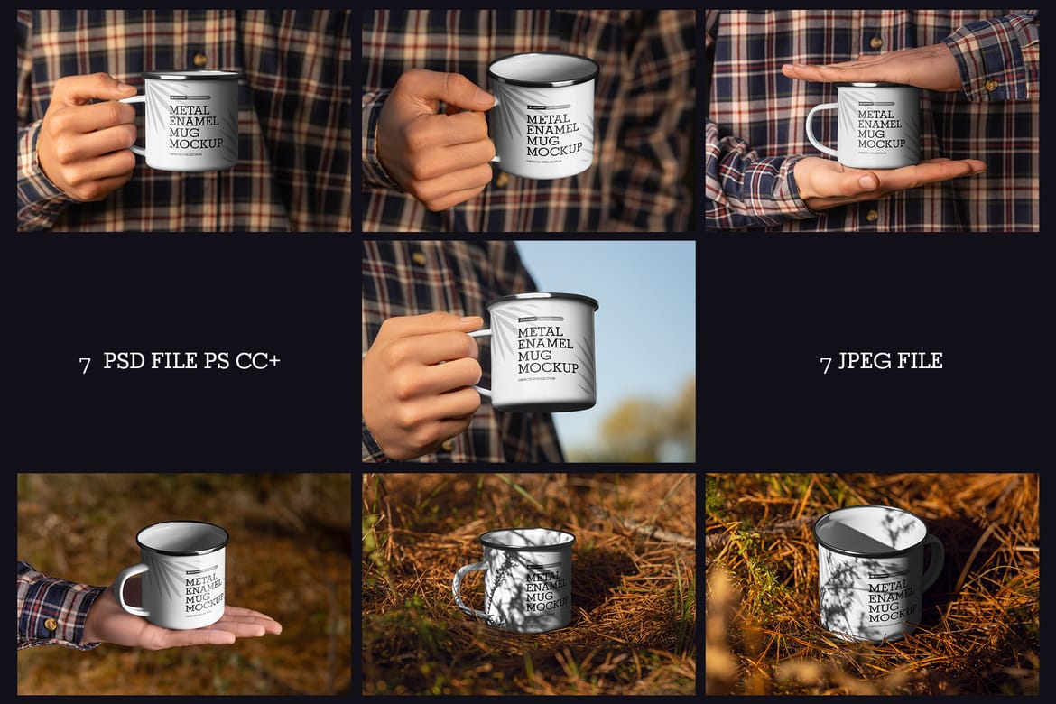  7 Mockups of Enamel Metal Mug in the Hand Man On The Outdoor