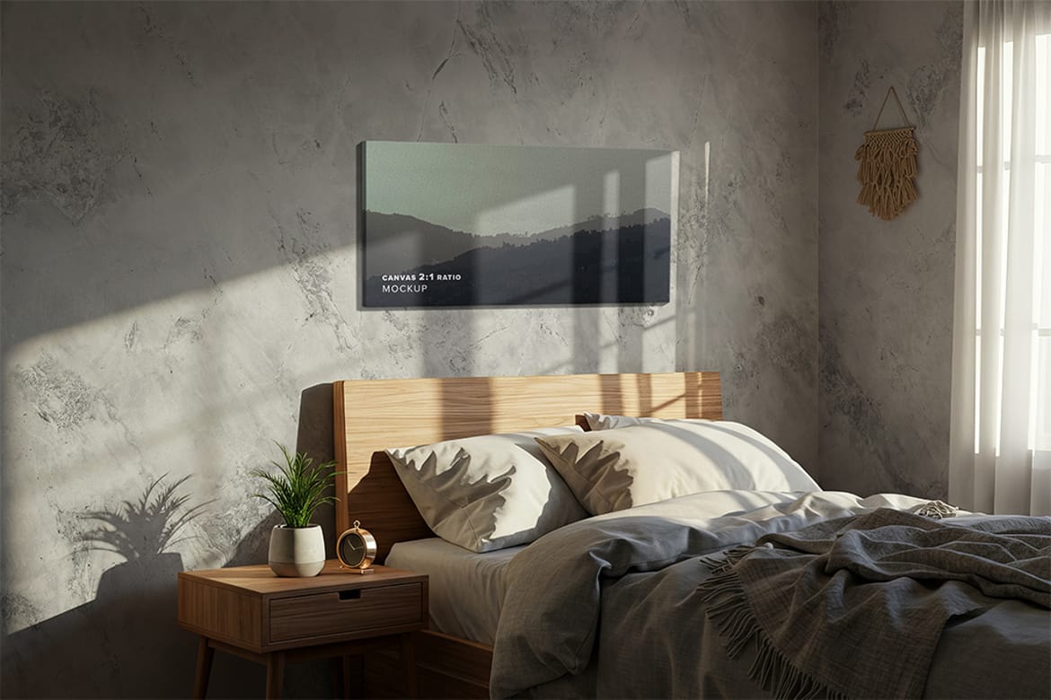 Hung Canvas Mockup Pack 006 – Bedroom Scene