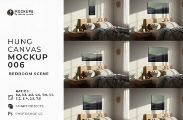Hung Canvas Mockup Pack 006 – Bedroom Scene