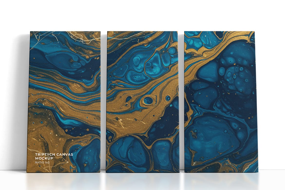 Front Leaning Triptych Canvas Ratio 1×2 Mockup – Realistic Interior Scene