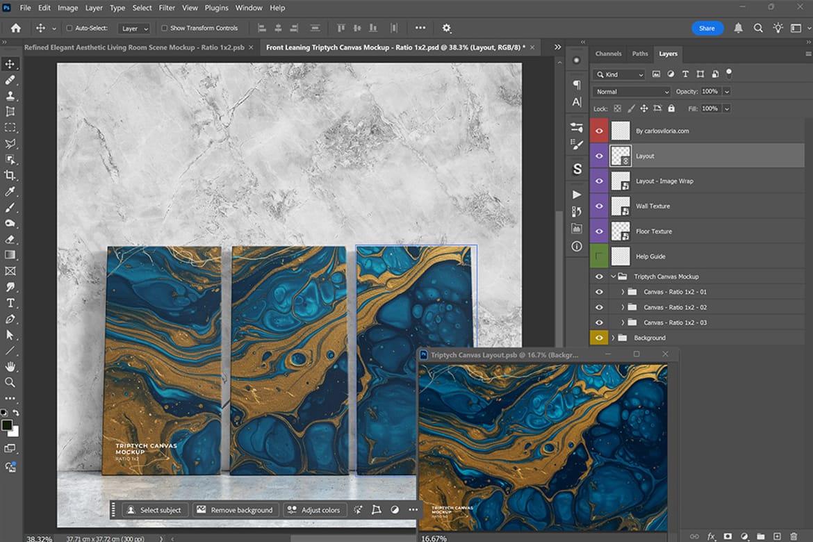 Front Leaning Triptych Canvas Ratio 1×2 Mockup – Realistic Interior Scene