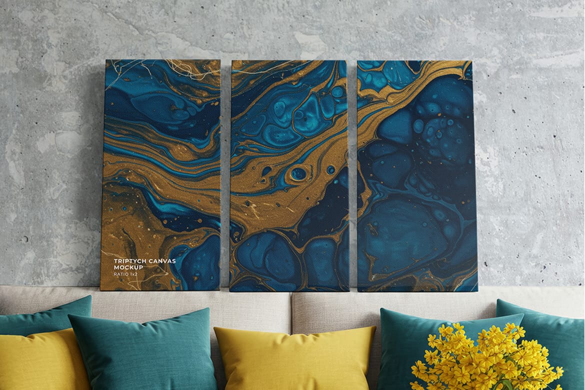 Front Leaning Triptych Canvas Ratio 1×2 Mockup – Realistic Interior Scene