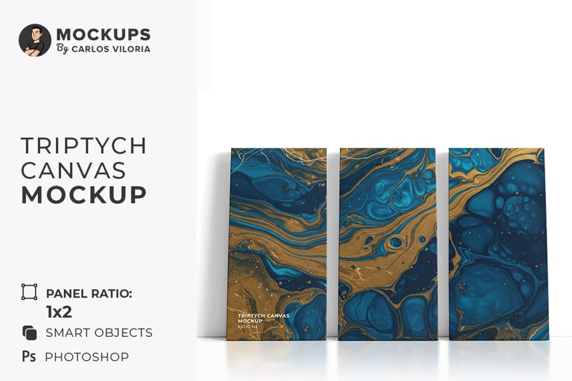 Front Leaning Triptych Canvas Ratio 1×2 Mockup – Realistic Interior Scene