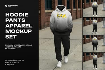 5  Walking Pose Hoodie Pants Apparel Mockup Set. Generated AI 