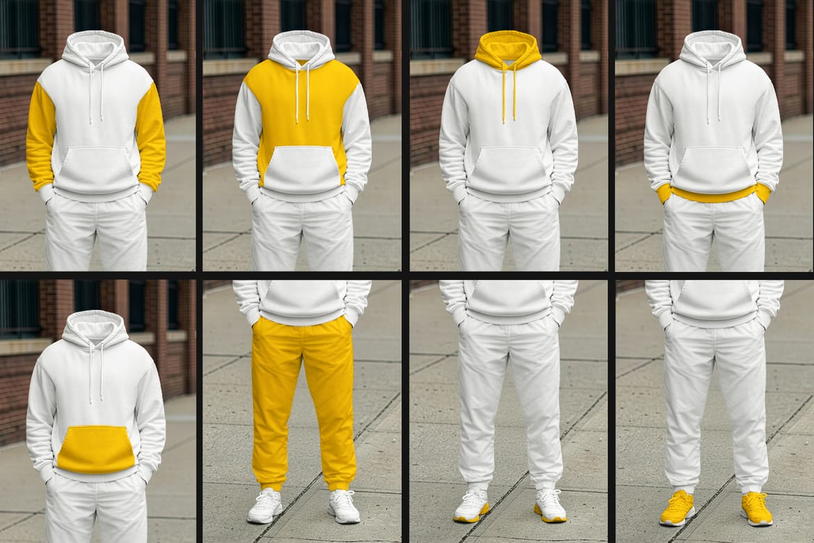 5  Walking Pose Hoodie Pants Apparel Mockup Set. Generated AI 