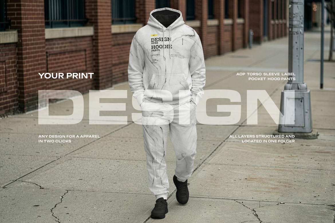 5  Walking Pose Hoodie Pants Apparel Mockup Set. Generated AI 