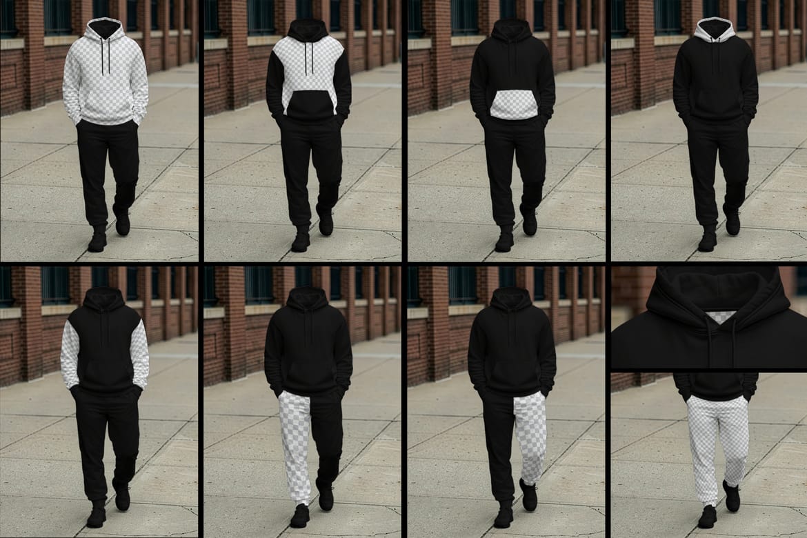 5  Walking Pose Hoodie Pants Apparel Mockup Set. Generated AI 