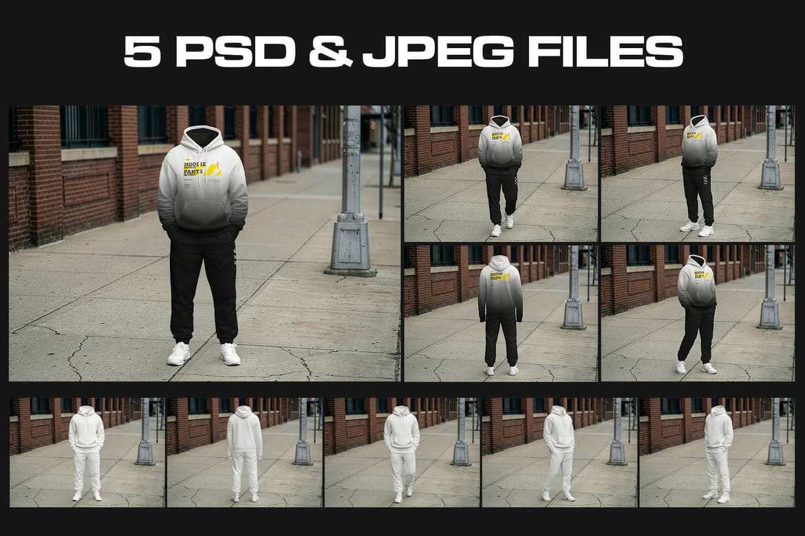5  Walking Pose Hoodie Pants Apparel Mockup Set. Generated AI 