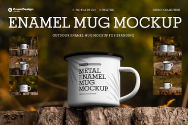  6 Enamel Mug Mockup. Rustic Outdoor Coffee Cup Branding