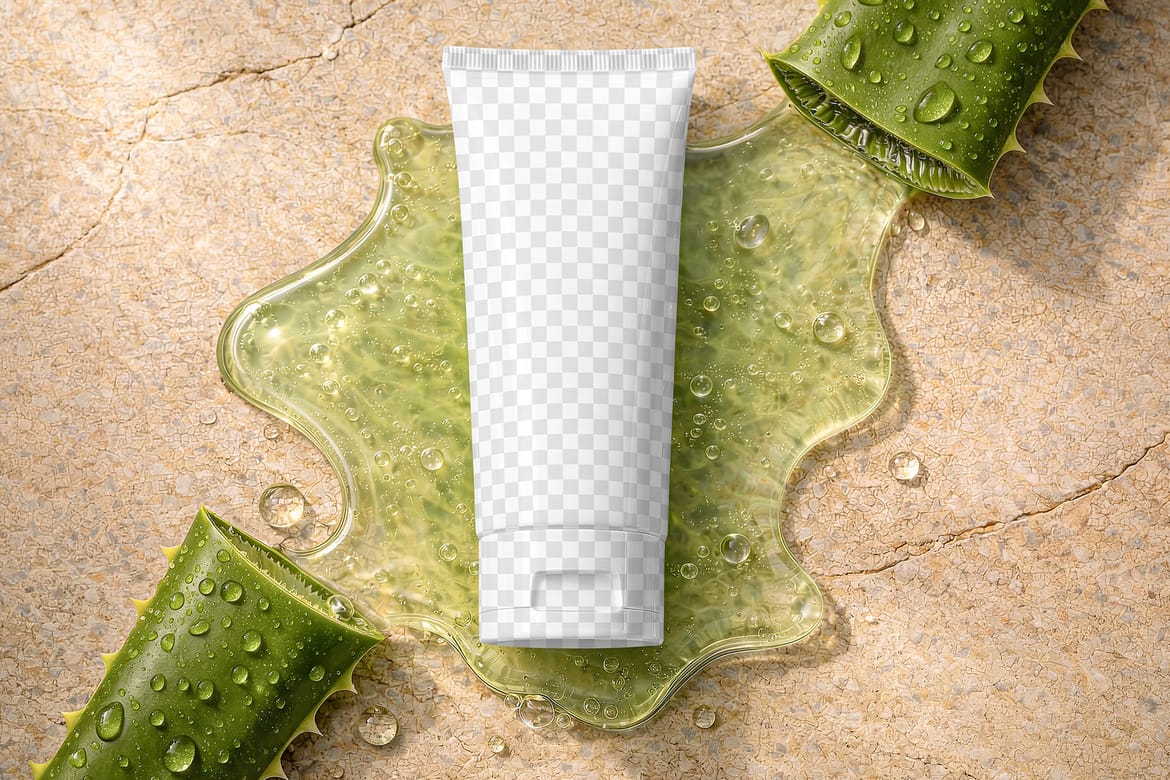 Cosmetic Tube with Aloe Vera Leaves Mockup