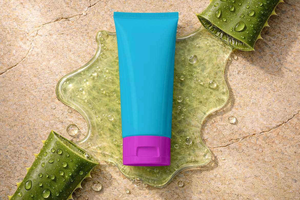 Cosmetic Tube with Aloe Vera Leaves Mockup