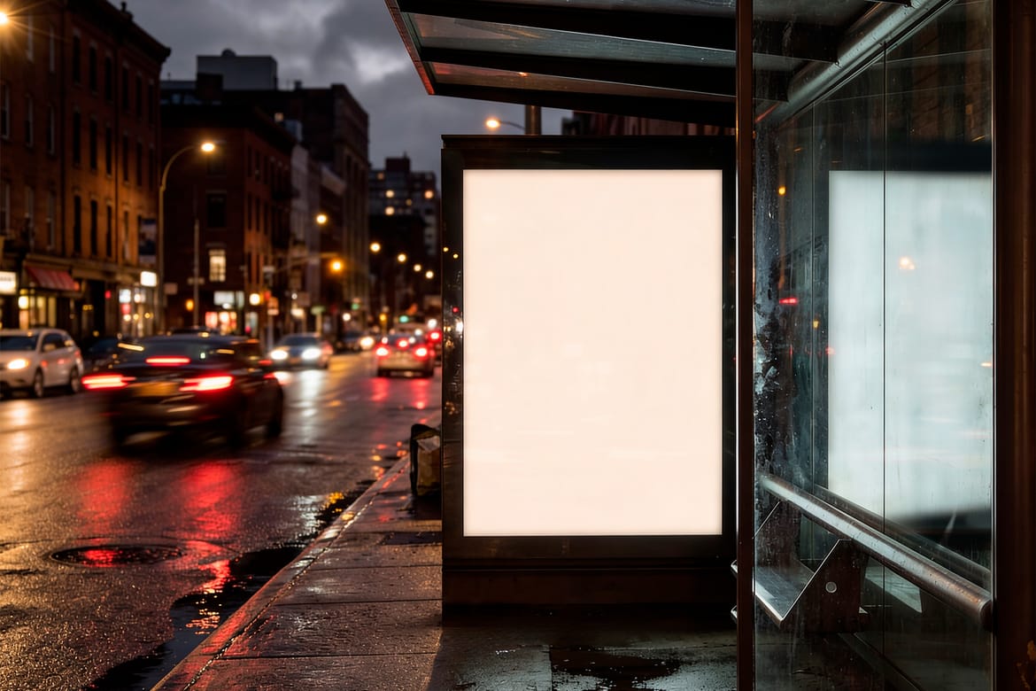 Reflected Bus Stop Billboard Mockup on Rainy Night City Street