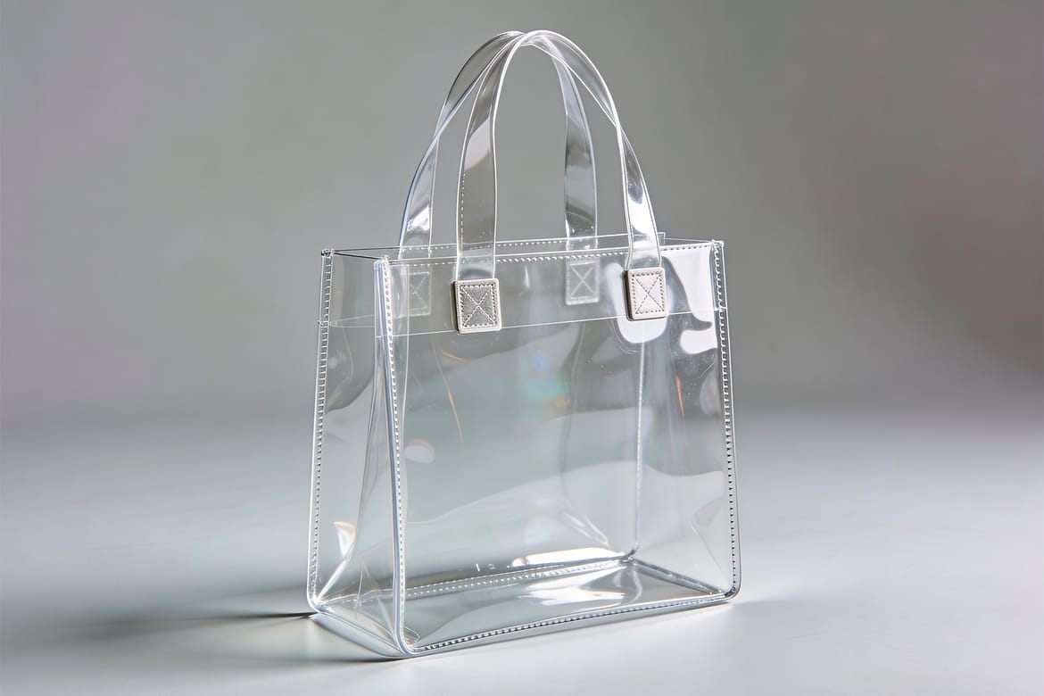 Transparent Pvc Tote Bag Mockup On Minimal Studio BG