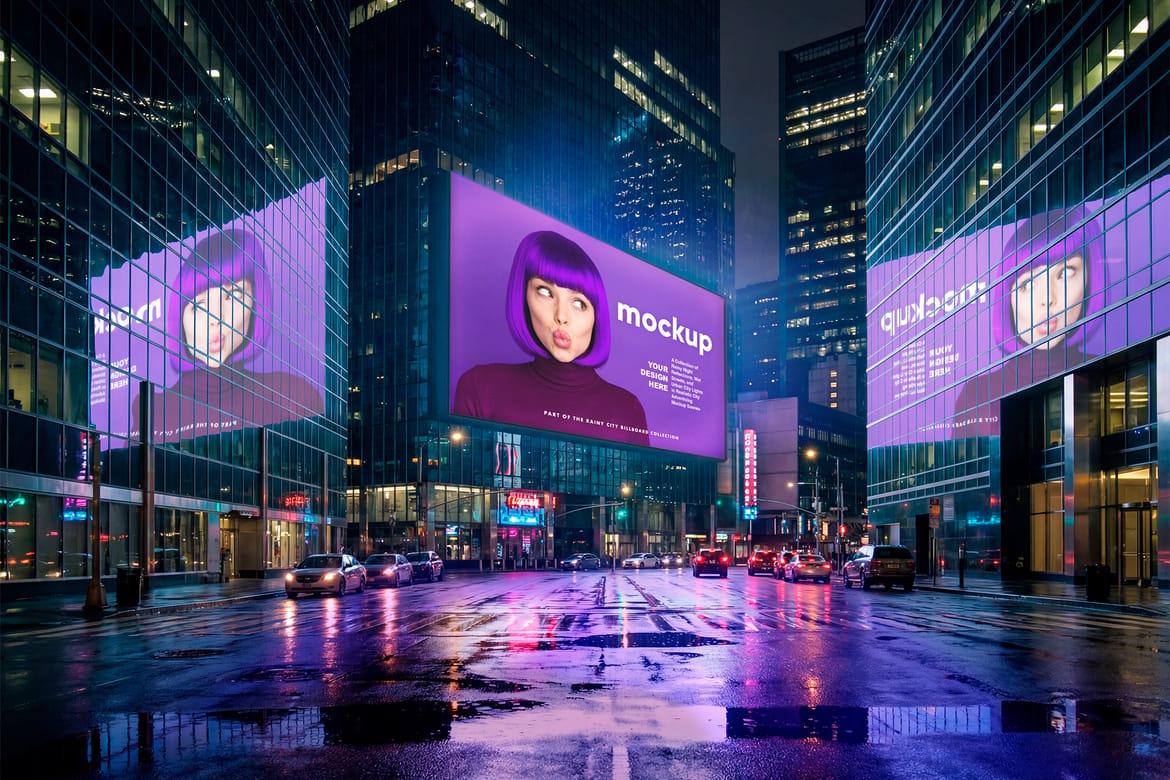 Reflected Horizontal Billboard Mockup On Rainy Night City Street