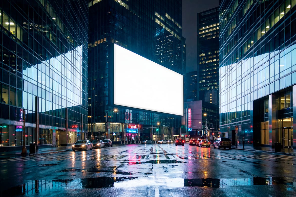 Reflected Horizontal Billboard Mockup On Rainy Night City Street