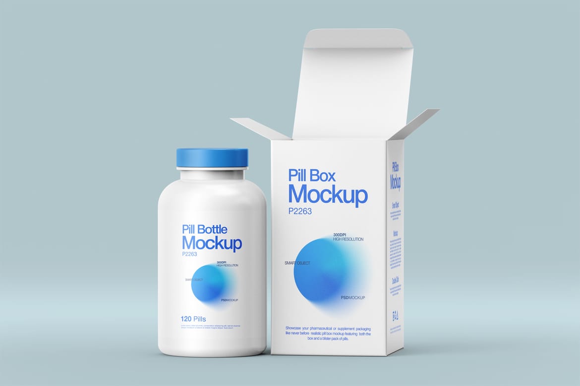 Pill Bottle and Box Packaging Mockup