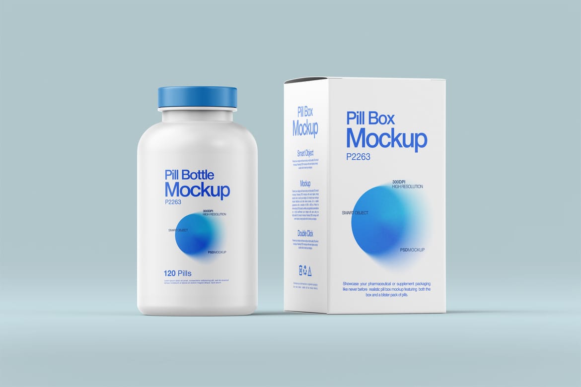 Pill Bottle and Box Packaging Mockup