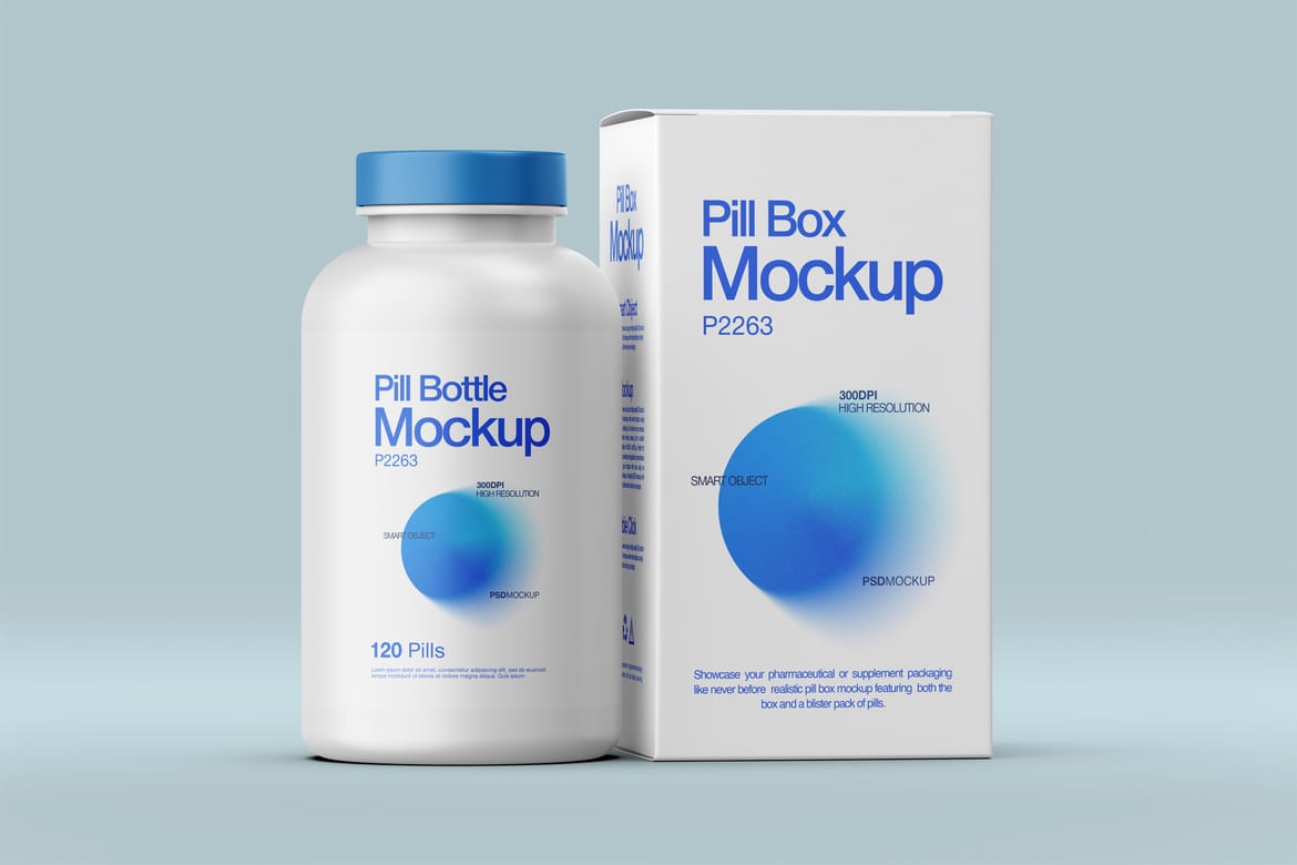 Pill Bottle and Box Packaging Mockup
