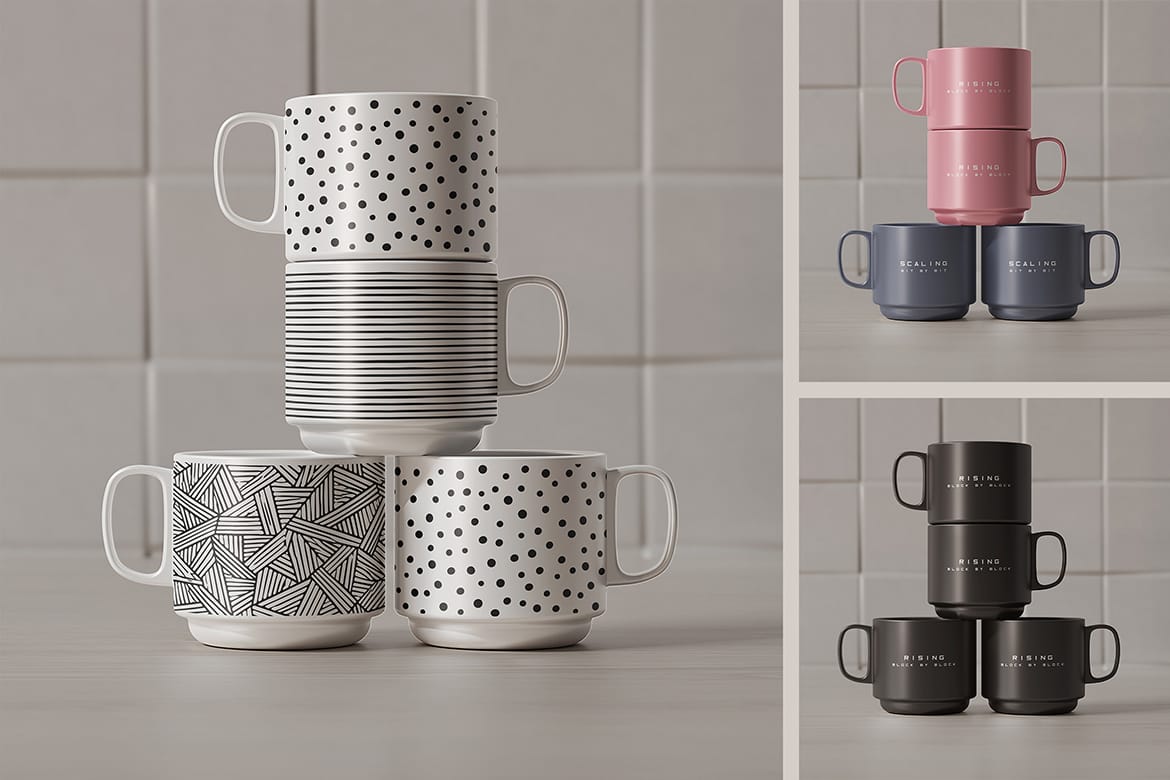 Stackable Ceramic Mugs Mockup