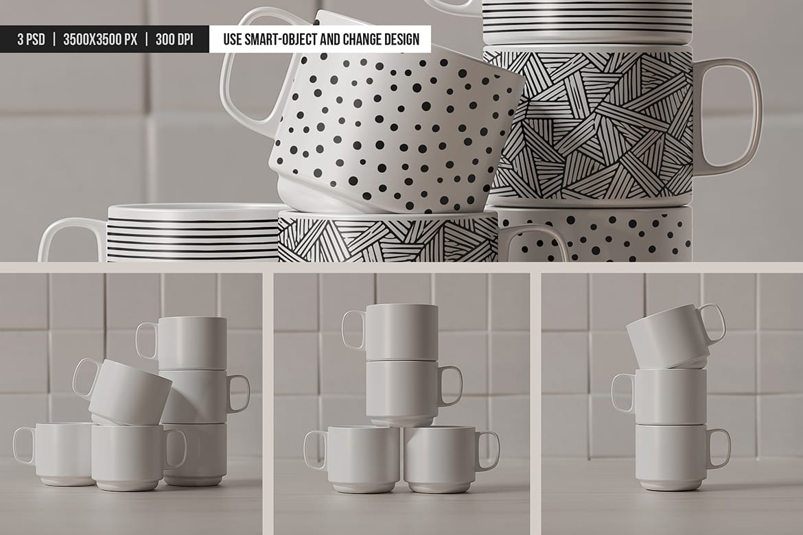 Stackable Ceramic Mugs Mockup