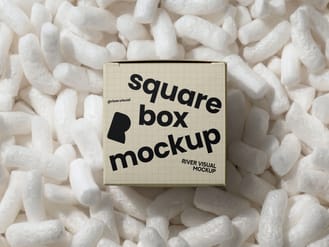 Square Packaging Box Mockup in Packing Peanuts