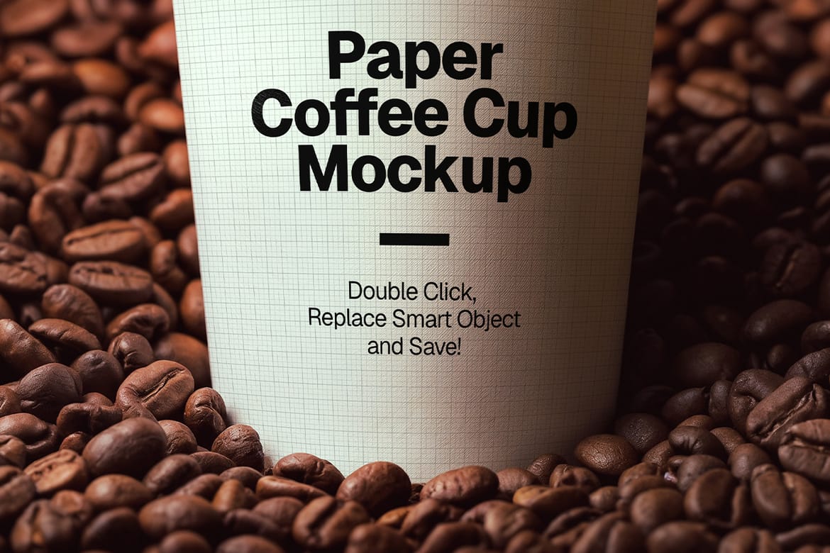 Paper Coffee Cup Mockup on Roasted Coffee Beans