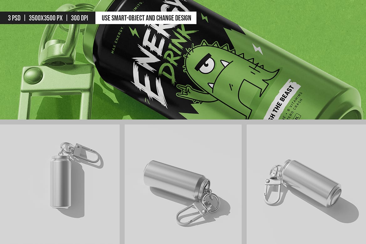 Can Keychain with Carabiner Clip Mockup