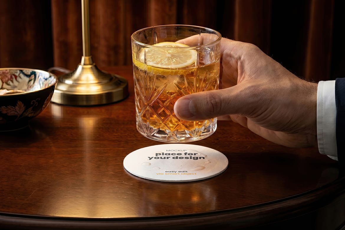 Coaster with Drink and Hand Mockups