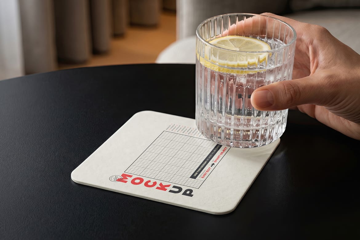 Coaster with Drink and Hand Mockups