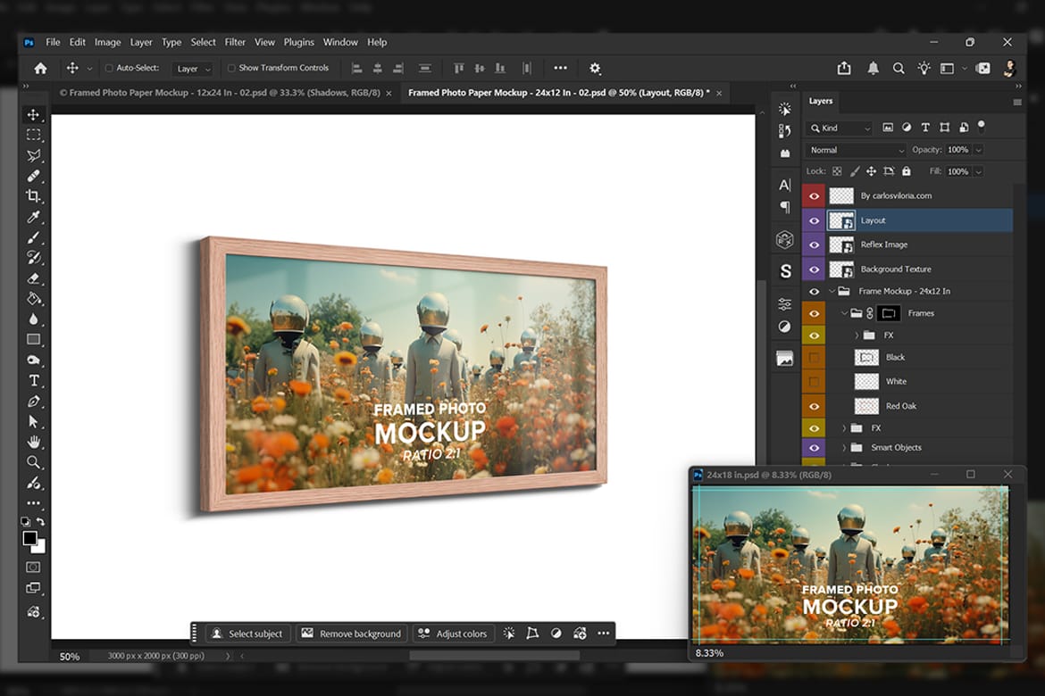 Framed Photo Mockup 24x12 In -  Ratio 2x1