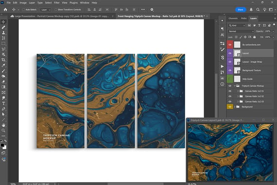 Front Hanging Triptych Canvas Mockup – Ratio 1x2