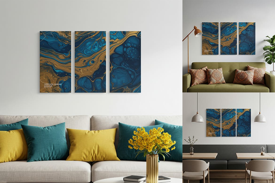 Front Hanging Triptych Canvas Mockup – Ratio 1x2