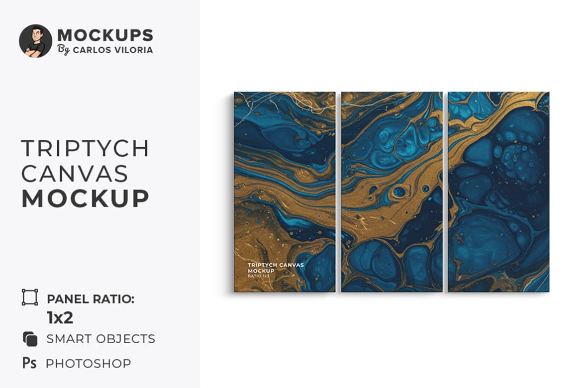 Front Hanging Triptych Canvas Mockup – Ratio 1x2