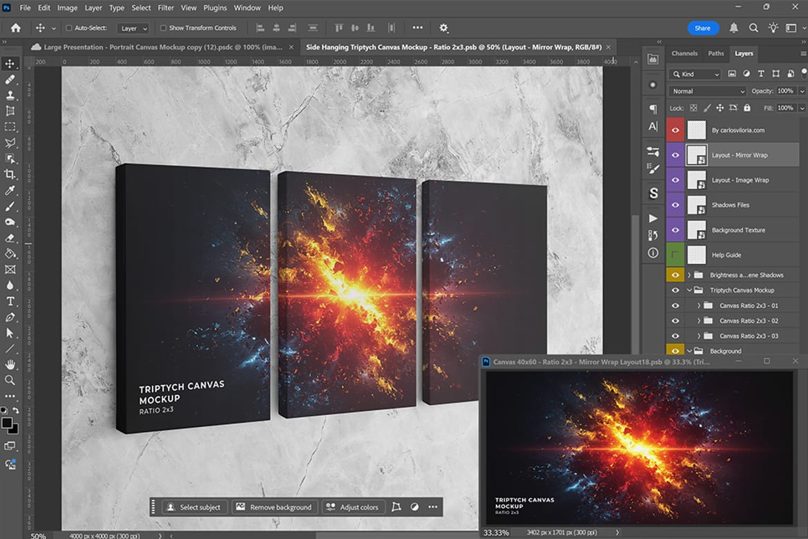 Side Hanging Triptych Canvas Mockup – Ratio 2x3